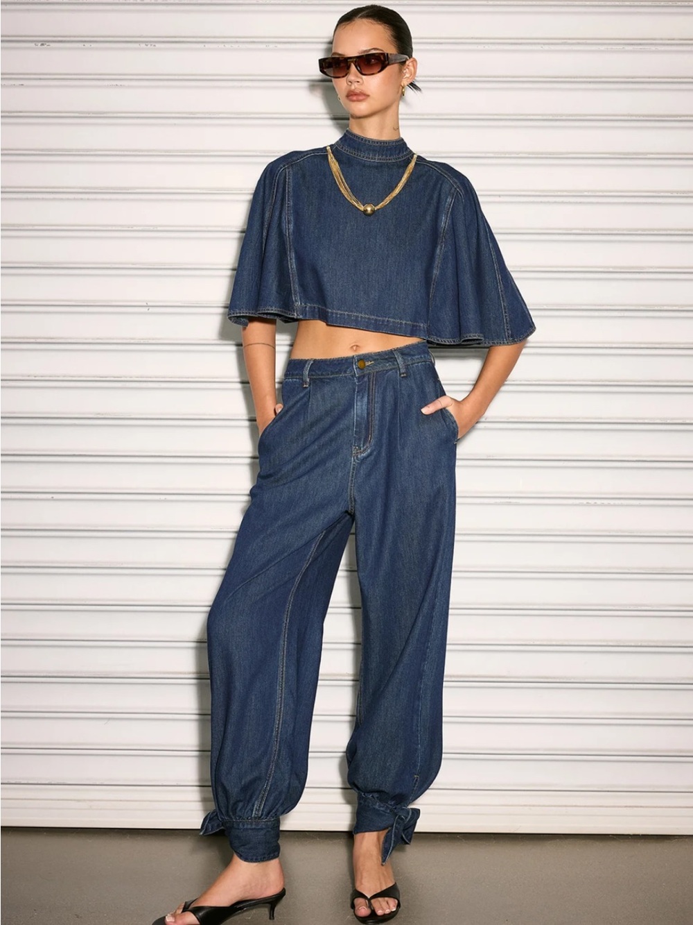 Commense Cape Sleeve Back Zipper Cropped Denim Top Size XL NWT